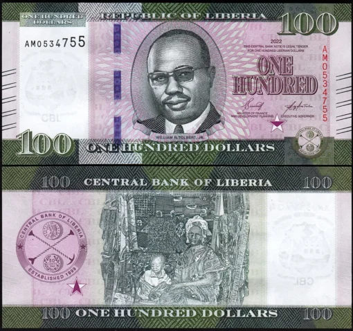 Liberia 100 Dollars 2022 2024, UNC, P-New